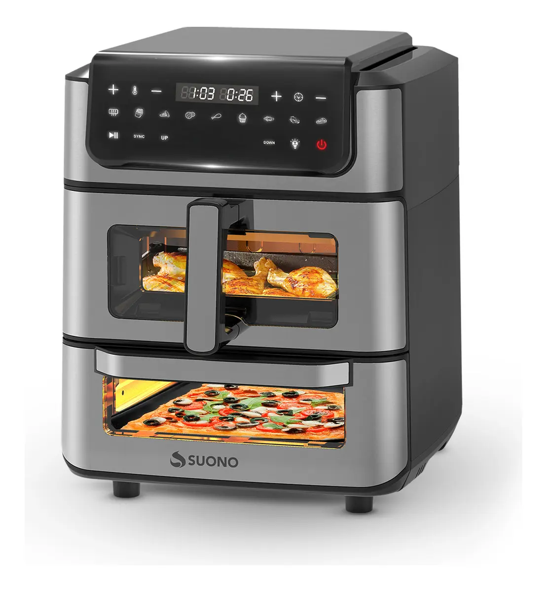 Freidora De Aire + Horno Pizzero Suono Airfryer Vertical 13l Acero Inoxidable