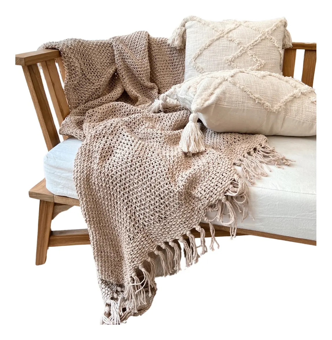 Manta De Algodón De Hilo Trenzado Con Flecos Largos 125x150 Beige Liso