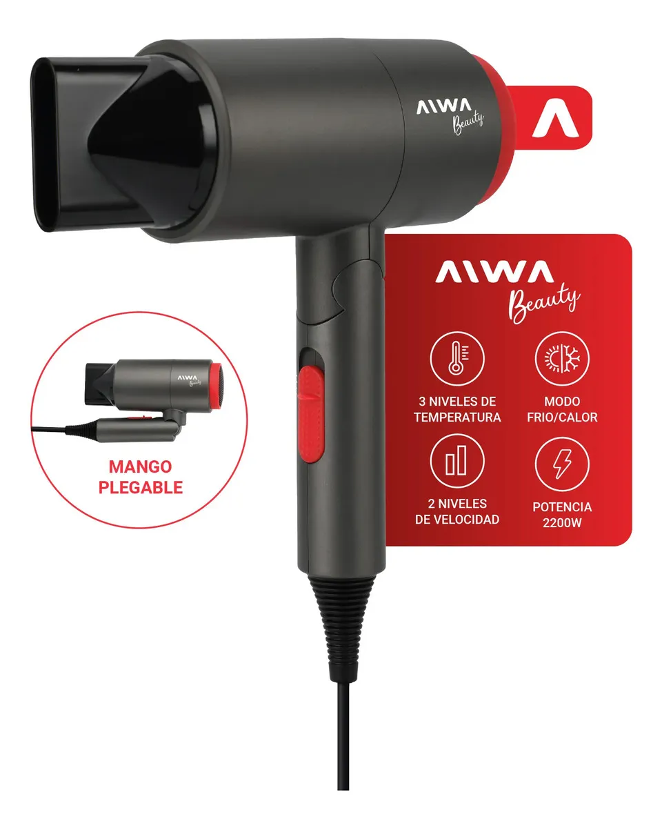 Secadora De Pelo Plegable Aiwa Beauty 2200w 2 Velocidades Negro
