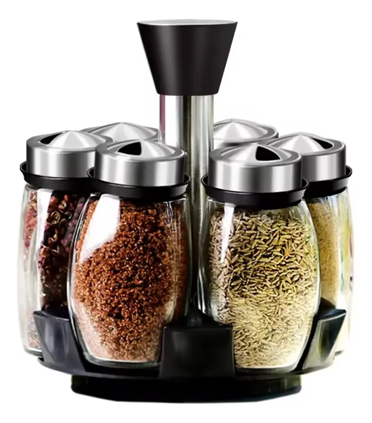 Especiero Condimentero Setx6 Acero Inoxidable Frascos Vidrio Negro Y Plateado