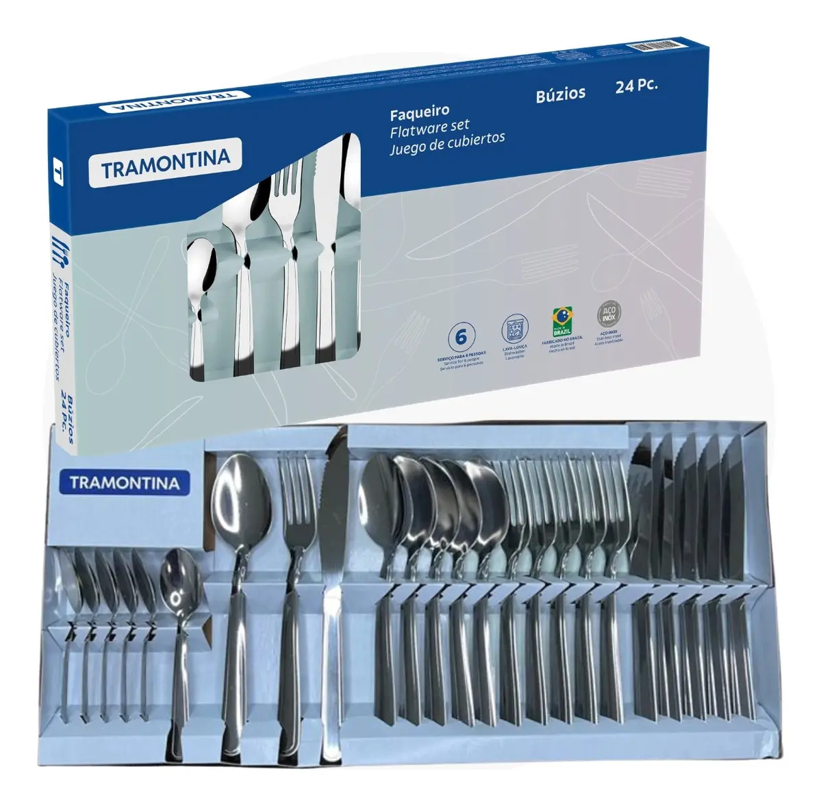 Set 24 Cubiertos Cuchillo Asado Buzios Tramontina Samihome Color Acero