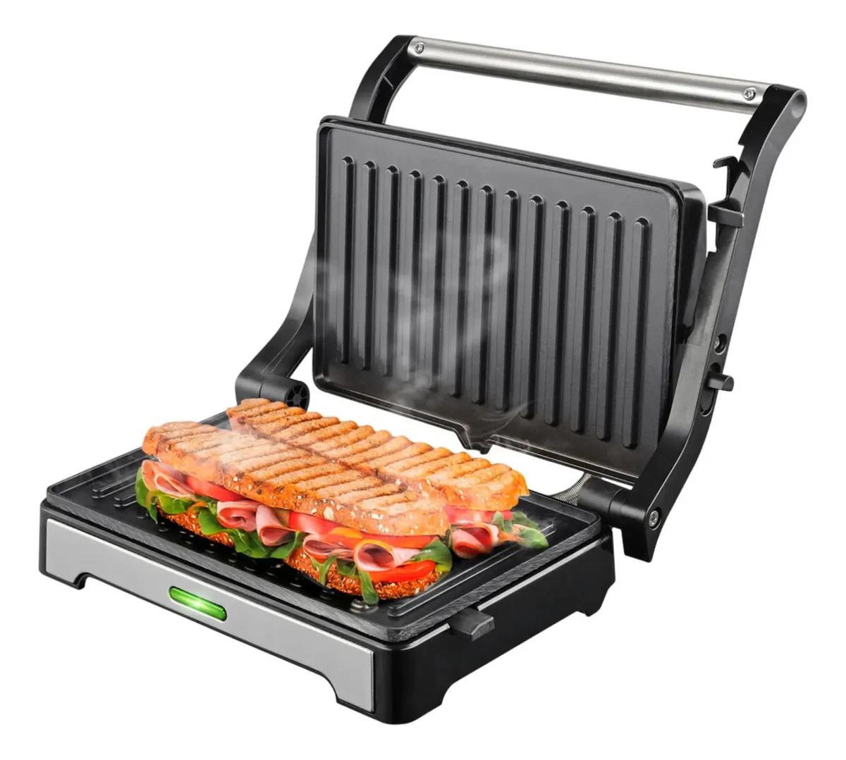 Sandwichera Panini Parrilla Grill Suono Antiadherente para Vegetales, Carnes Apertura 180° 1000 W