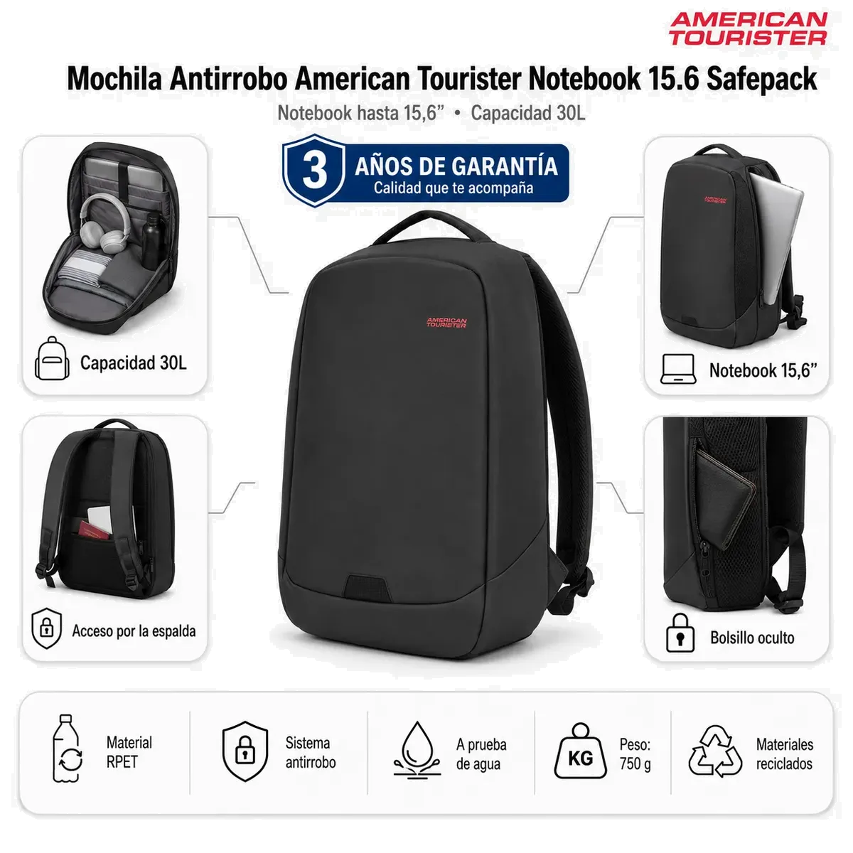 Mochila Antirrobo American Tourister Notebook 15.6 Safepack