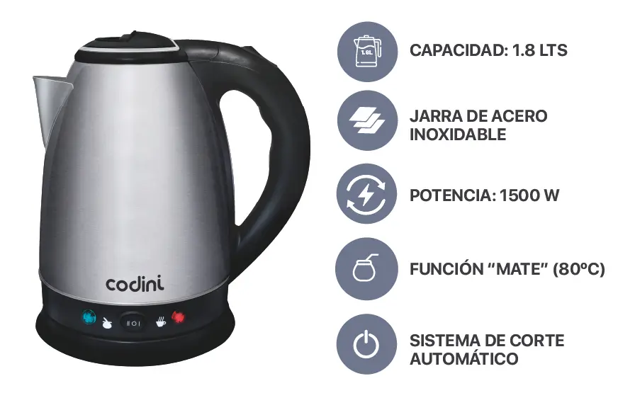 Pava Eléctrica Codini Corte Mate Acero Inoxidable 1.8lts