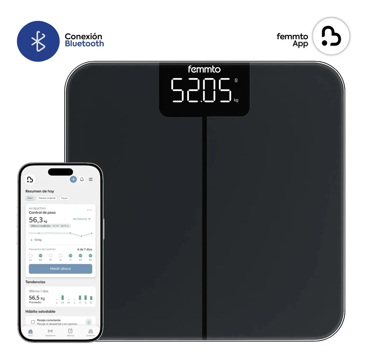 Balanza Digital Con Bluetooth Personal De Baño Peso Corporal 180 Kg Diseño Minimalista Femmto