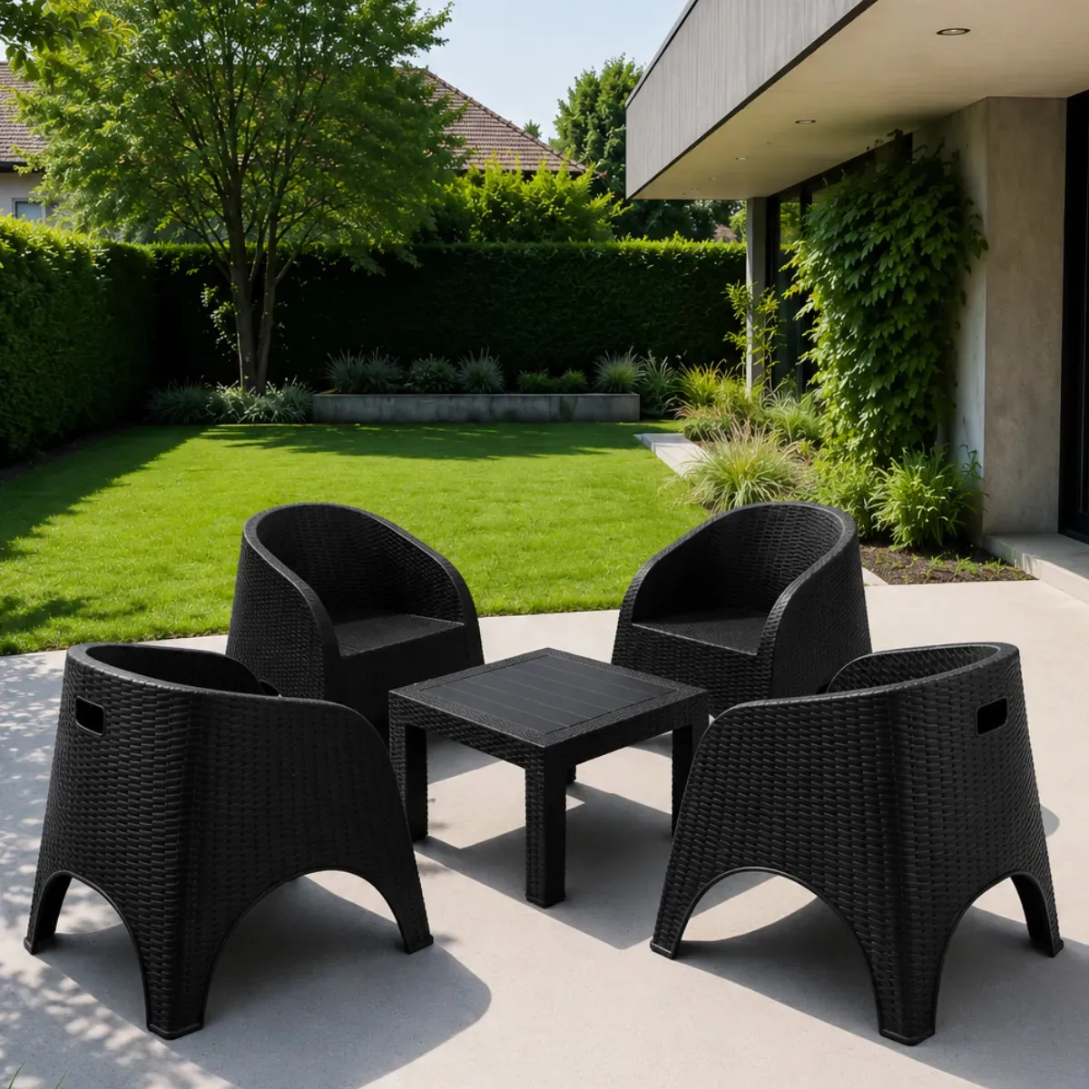 Juego De Jardin 4 Sillones Rattan Alejo + Mesa Ratona 70 Ct Estructura Negro