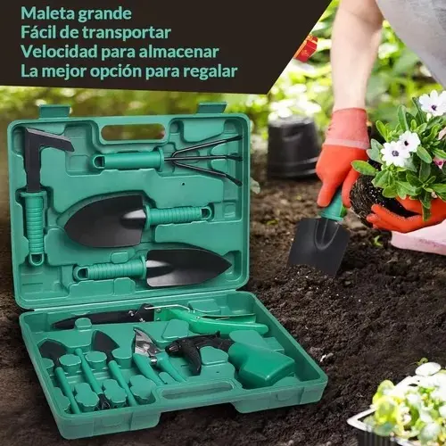 Kit Set Jardineria Jardin 10 Piezas Valija Plastica Acero