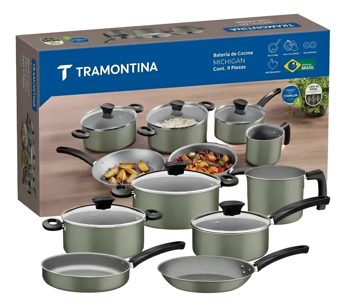 Bateria De Cocina Tramontina Sarten Ollas 9pz Antiadherente
