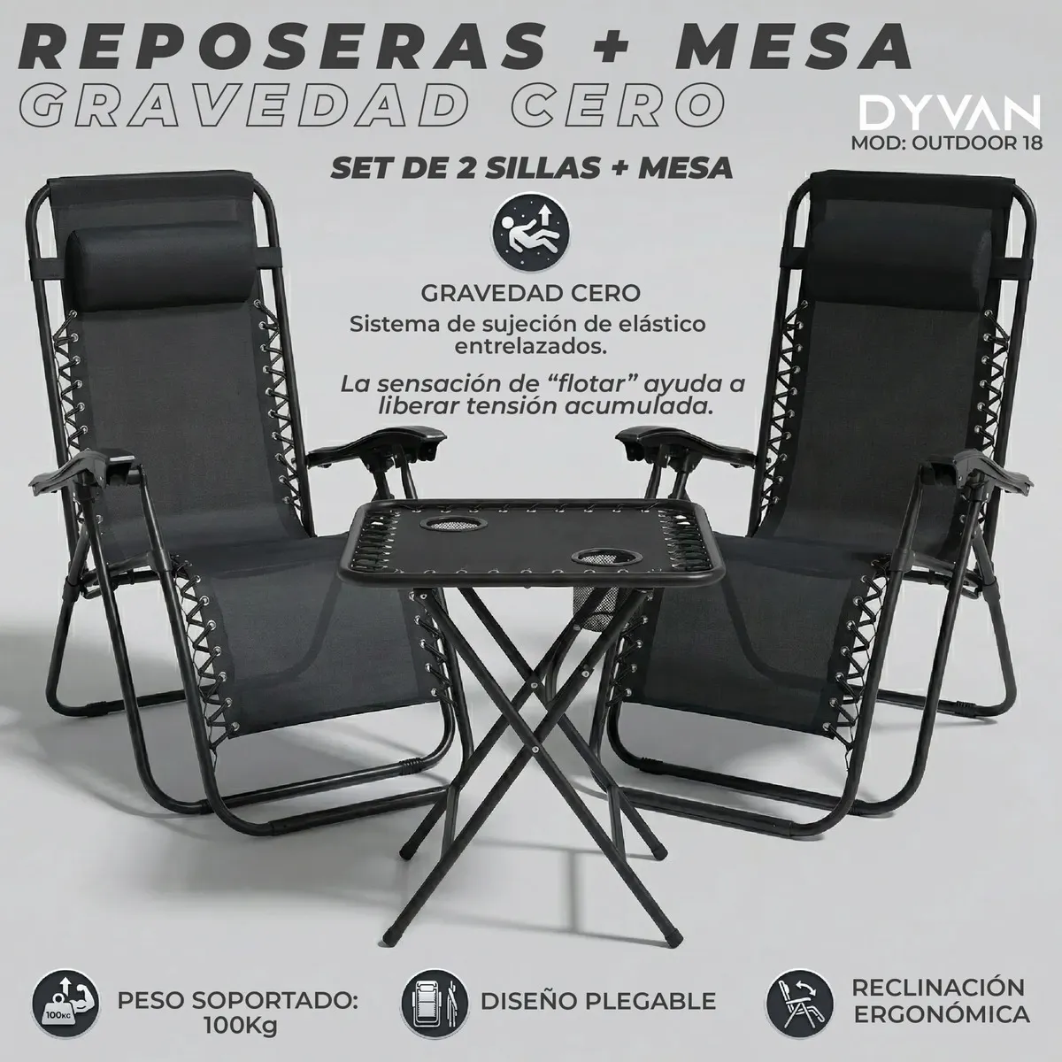 2 Reposeras Sillas Plegables + Mesa Auxiliar Exterior Dyvan