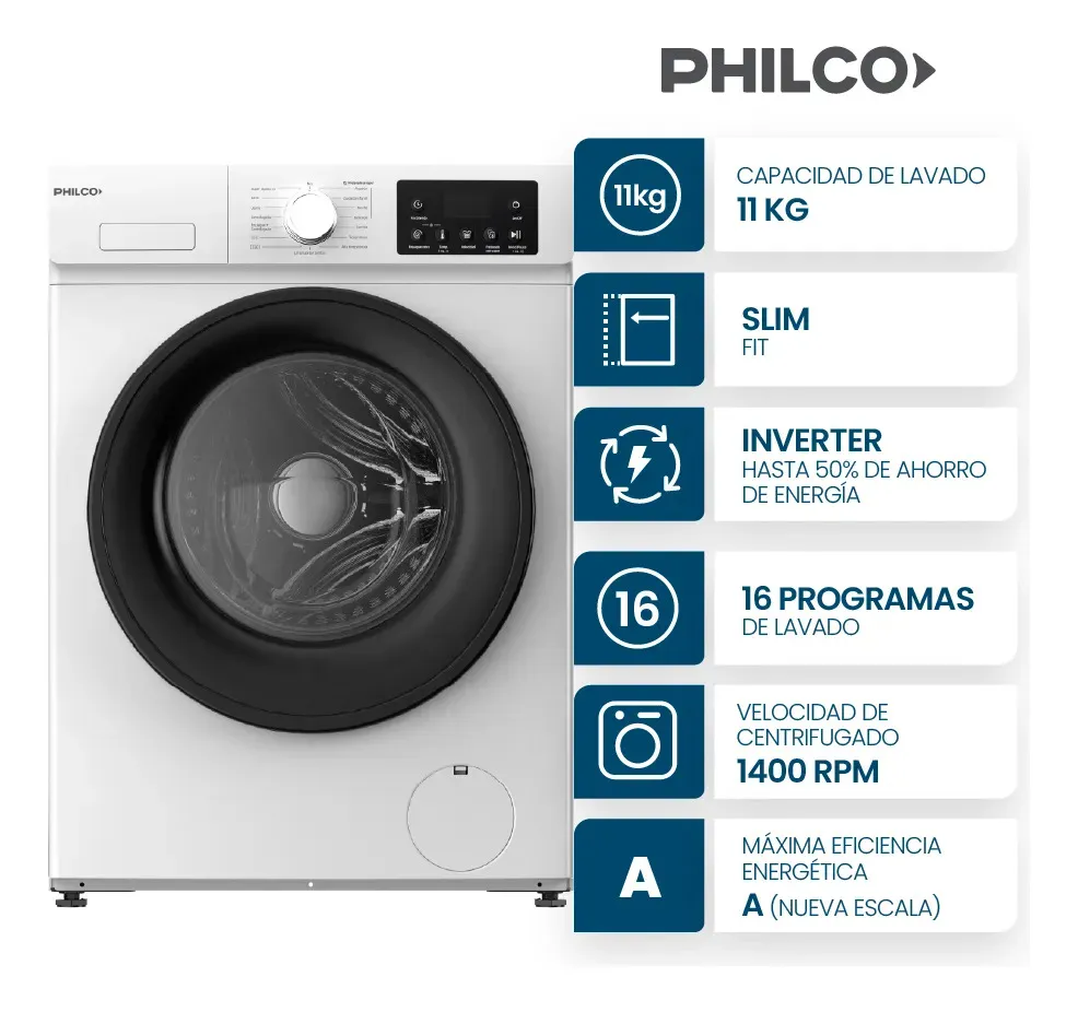 Lavarropas Philco 11 Kg Carga Frontal Inverter Slim Fit Blanco