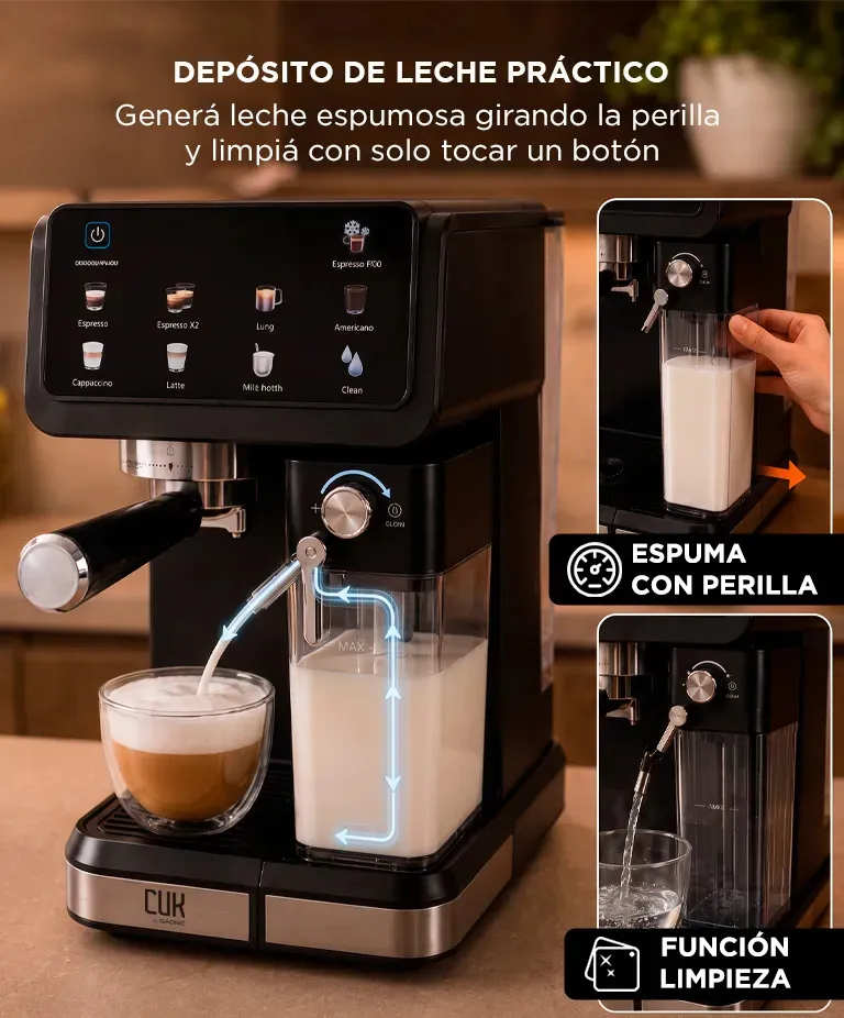 Cafetera Expreso CUK By Gadnic Semi Automatica 20 Bar 1350W Pantalla Tactil Iluminada Deposito De Agua 1.5 Litros Deposito De Leche 500 ml 7 Bebidas Funcion Autolimpieza Espumador Integrado