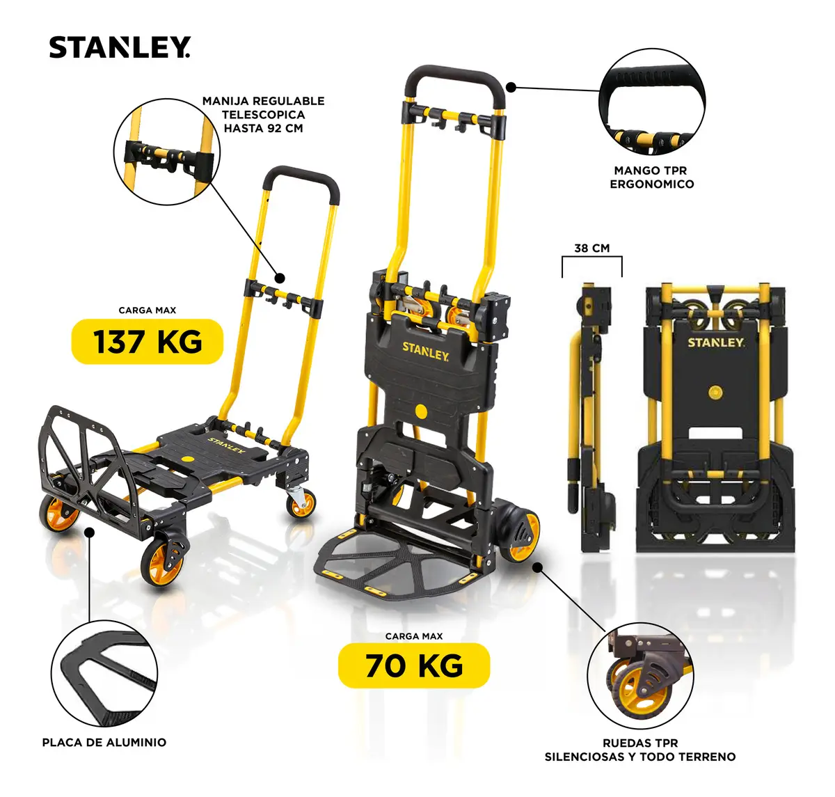Carro Carretilla Plataforma Stanley 2 En 1 Plegable 137kg