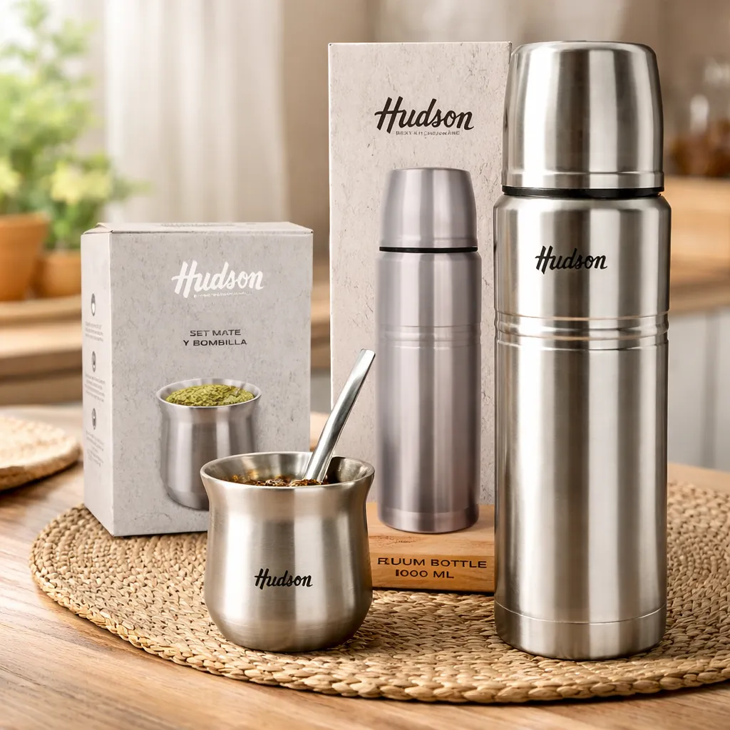 Set 3 Pz Hudson Mate Pulido Con Bombilla + Termo 1 Lts Acero
