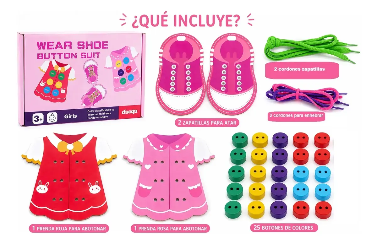 Juego Didáctico Madera Enhebrar Botones Atar Cordones Niños Rosa