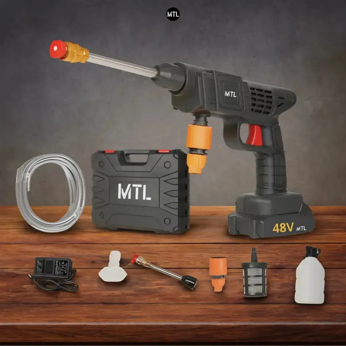 Hidrolavadora Inalambrica MTL 48V Multiuso Sin Canilla Motor De Cobre 156W Bateria De 7500mAh Con Manguera De 6 Metros Boquillas Botella De Espuma Accesorios Completos