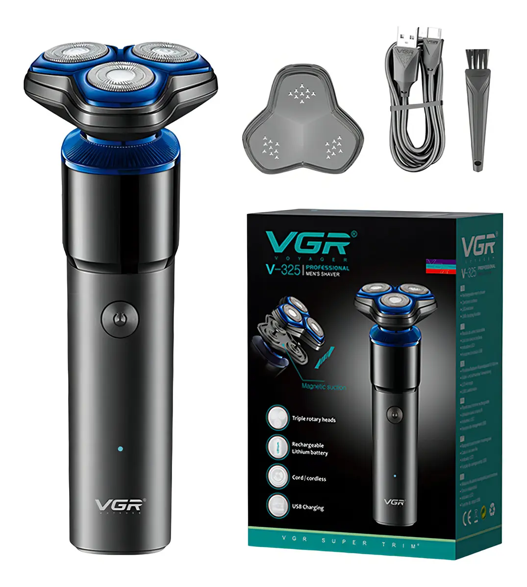 Afeitadora Eléctrica Hombre Shaver VGR V-325 Recargable Inalámbrica Negro y azul