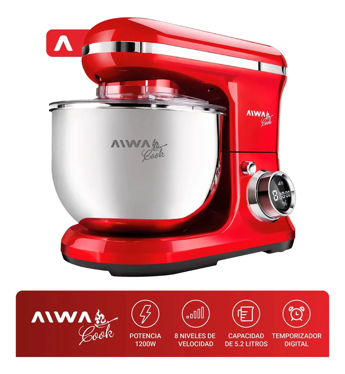 Batidora De Pie Planetaria Digital 3 En 1 Aiwa 5,2 Lts 1200w Color Rojo Frecuencia 50 Hz/60 Hz