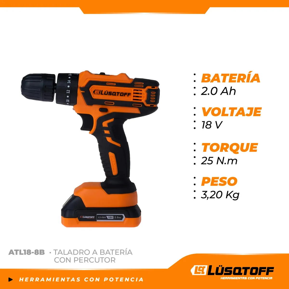 Taladro Percutor Atornillador Inalámbrico Lusqtoff ATL18-8B 18V + 2 Baterías + Cargador