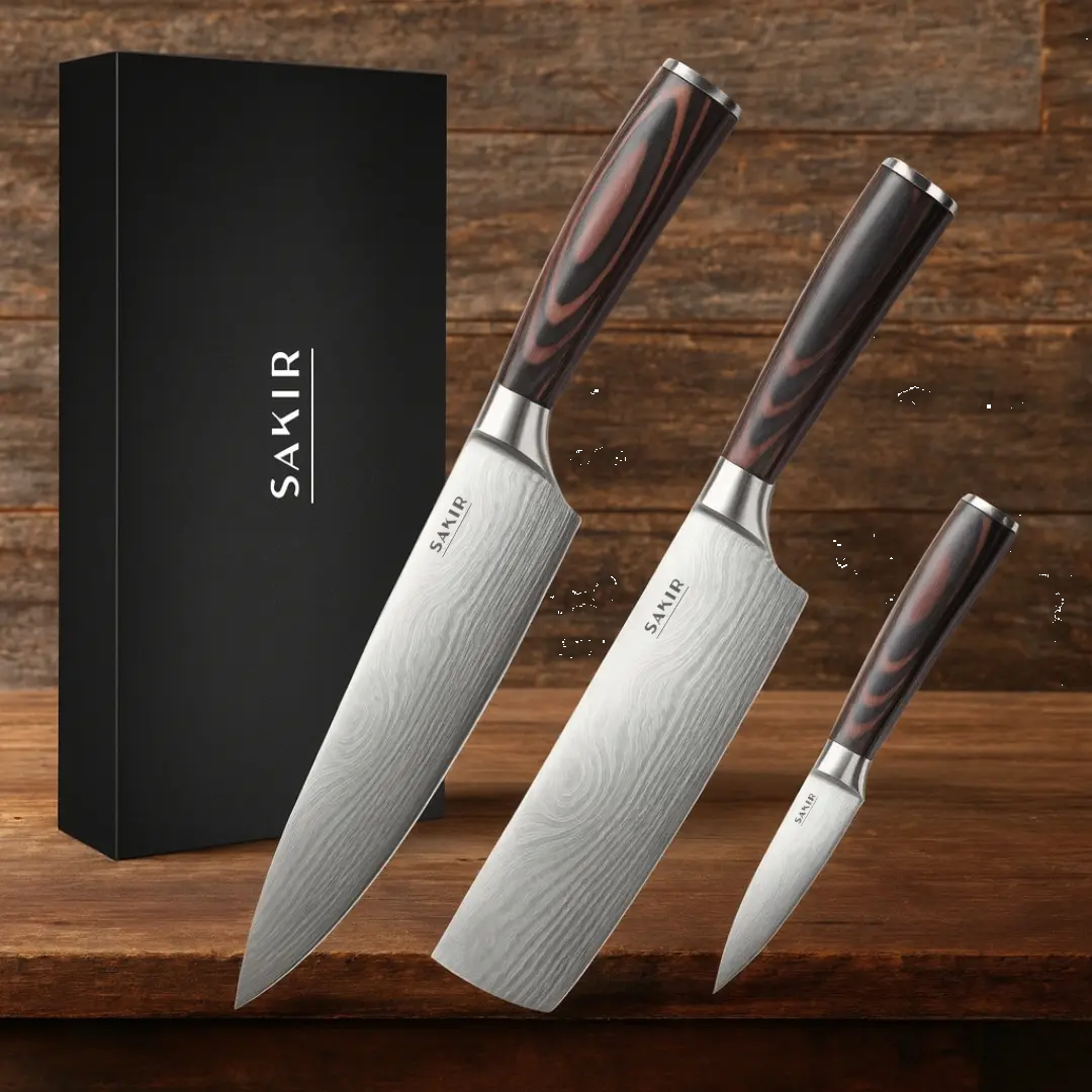 Set de Cuchillos Sakir: 3 Piezas de Acero Inoxidable y Mango de Madera para Cocina Profesional
