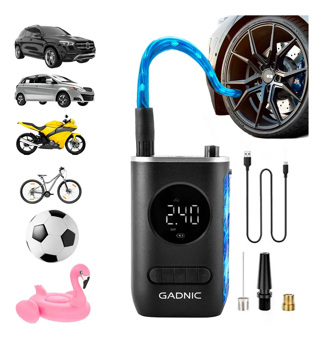 Inflador De Neumaticos Inalambrico Mini Recargable Gadnic Compresor De Aire Portatil 150 PSI Pantalla Digital Compacto Boquillas Incluidas