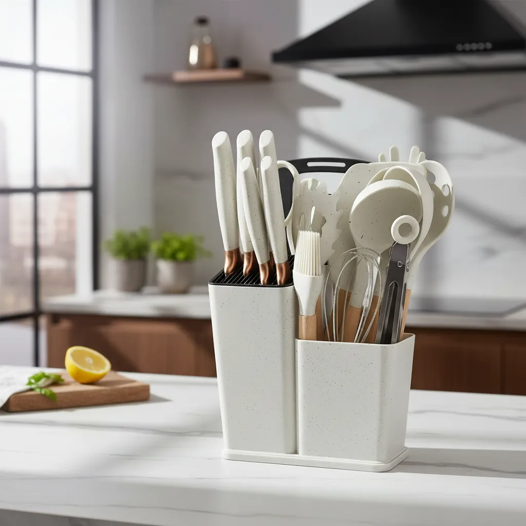 Set X19 Kit Utensilios De Cocina Mango Madera Punta Silicona
