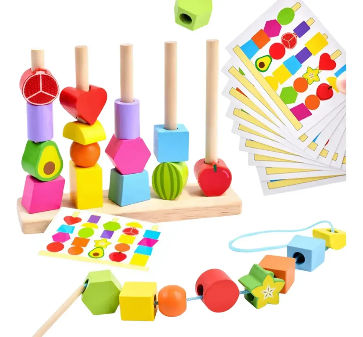 Juego Did�ctico Montessori Torre Encastre + Enhebrado Madera